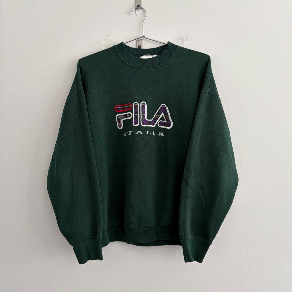 Vintage Fila Italia Sweatshirt Green Embroidered Plaid Logo Large